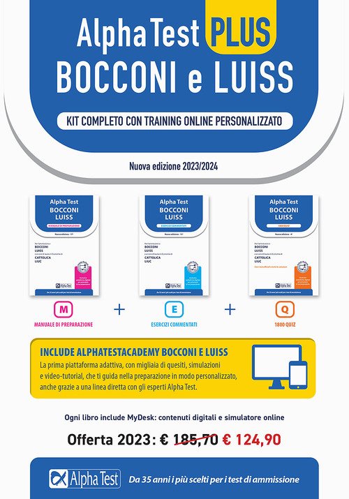 Alpha Test PLUS Bocconi e Luiss. Kit completo di preparazione con training on line personalizzato